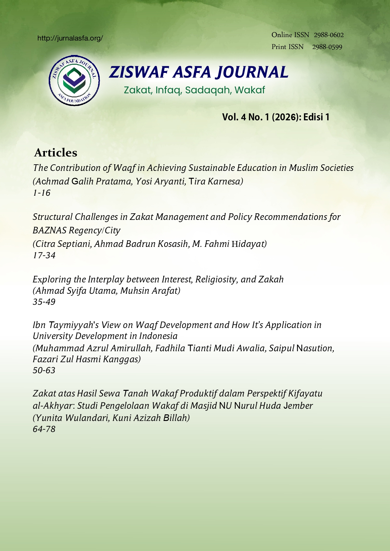 					View Vol. 4 No. 1 (2026): ZISWAF ASFA Journal (May 2026)
				
